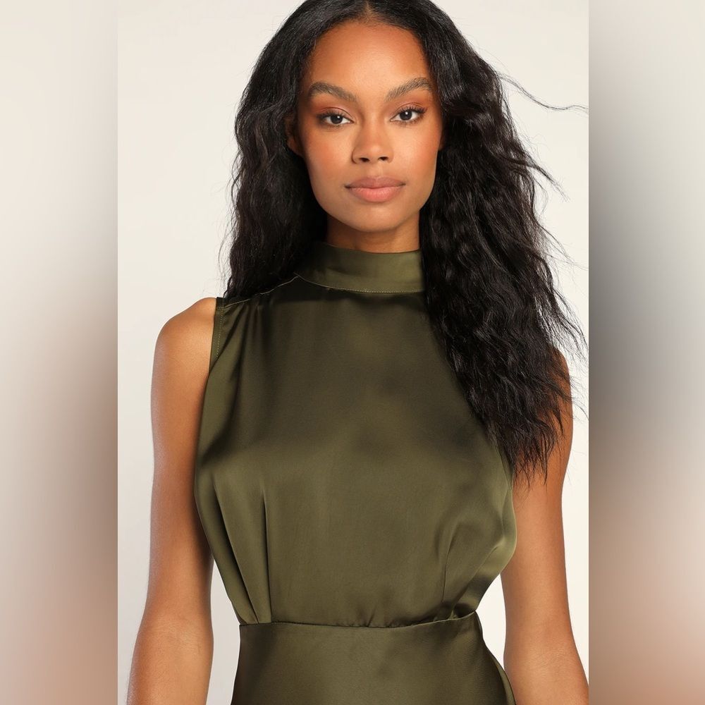 Lulus Classic Elegance Olive Satin Sleeveless Mock Neck Maxi Dress - Picture 4 of 16